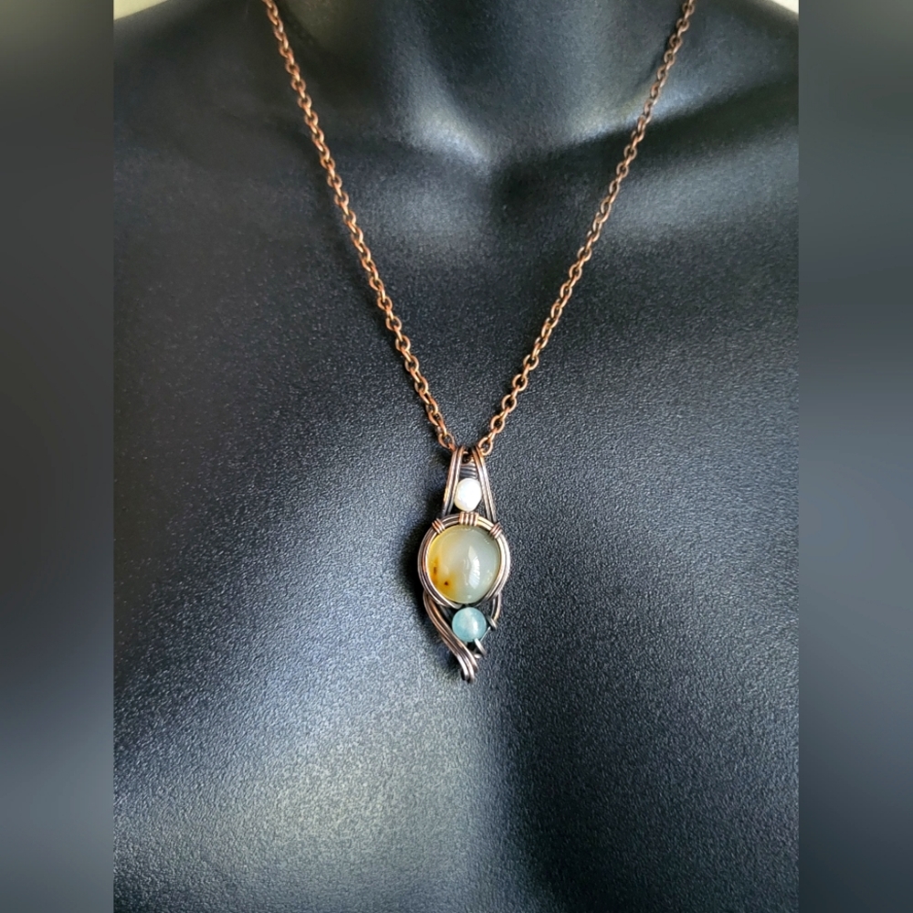 Handmade Agate, Pearl, and Bead Necklace in Copper Wire Wrap